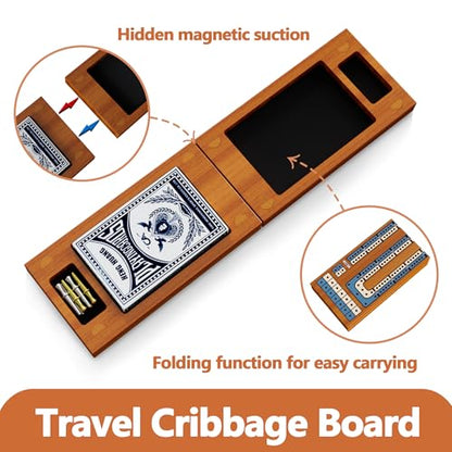 Small Size Travel Wooden Cribbage Board Game Set – 2-Track Foldable Cribbage with Magnetic Storage, 6 Metal Pegs & Full Deck of Cards – Perfect for Family Game Night, Traveling & Camping - style: Foldable