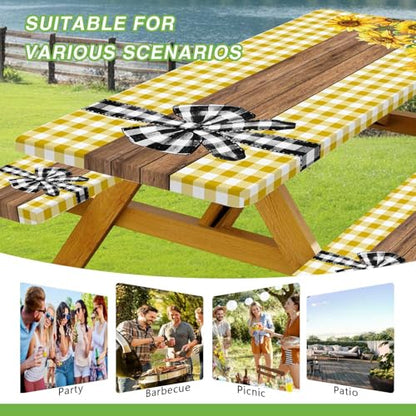 Picnic Table Cover with Bench Covers, Sunflower Buffalo Plaid Farmhouse Wood Waterproof Elastic Fitted Tablecloths Outdoor Camping Essentials, with Drawstring Bag, 60in, Yellow - color: Yellow, size: 30X60inch