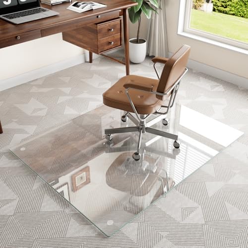 Tempered Glass Chair Mat for Carpet, 40"x60" Office Floor Mat for Office Chair/Hardwood Floor/Rolling Chair, Desk Chair Mat with Round Corner/6 Anti-Slip Pads - size: 40x60