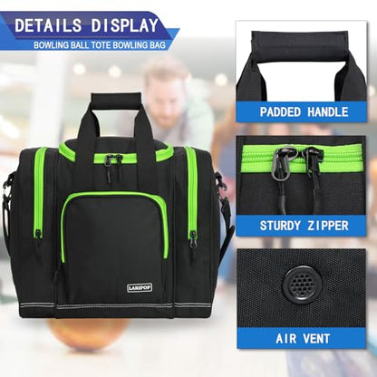 LARIPOP Bowling Ball Bag, Single Bowling Tote with Padded Ball Holder, Ventilated Shoe Pocket & Adjustable Shoulder Strap for Adult Bowlers Men Women - color: Black+Lemon Green