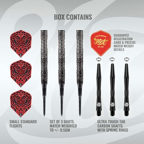 Shot! Darts Soft Tip, Warrior Kapene (18g/20g), 90% Tungsten Barrels, Center Balanced for Maximum Aerodynamics Handcrafted Professional Dart Set and Flights Made in New Zealand, Plastic Tip Bar Darts