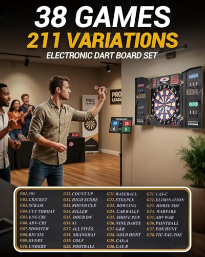 WIN.MAX Electronic Dart Board, Soft Tip Dartboard Cabinet Set for Adults, LED Scoring Dartboard with 38 Games & 211 Variants, Up to 16 Players, 12 Darts+40 Tips, Wall Mount for Bar Game Room Man Cave - style: Silver