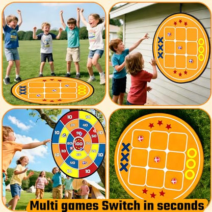 Outdoor Games Upgraded Set: Large Dart Boards with 12 Sticky Darts, 29" Tic Tac Toe with 12 Balls, Double Fun for Kids Family Summer Backyard Pool Beach Party Games