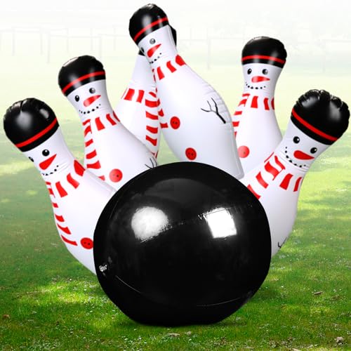 Poen 7 Pcs Glow in The Dark Giant Inflatable Bowling Set, Including 6 Pcs 27 Inches Bowling Pins and a 24 Inches Inflatable Ball Adults Outdoor Indoor Family Party - style: Snowman
