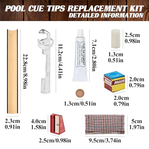 Barrington Billiards 38-Piece Pool Cue Tip Repair Kit with 13 mm Cue Tips, Ferrules, Aluminum Clamps, Tip Shapers, Glue, Chalk, and Cleaner for DIY Cue Tip Replacement and Repair