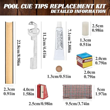 Barrington Billiards 38-Piece Pool Cue Tip Repair Kit with 13 mm Cue Tips, Ferrules, Aluminum Clamps, Tip Shapers, Glue, Chalk, and Cleaner for DIY Cue Tip Replacement and Repair