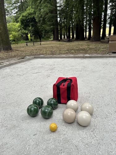 BuyBocceBalls Listing - Made in USA, Premium Quality Official Tournament Bocce Set - 110mm Dark Green and White Balls Nylon Bag; Regulation Size Balls 998 Grams (2 lbs. 3 oz.)