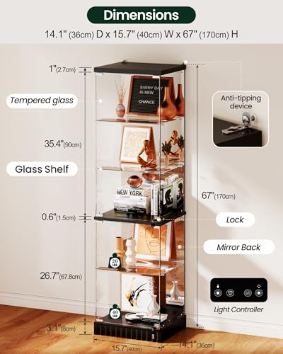 Lvifur Curio Display Cabinet - with Glass Door,5-Tier Glass Display Case with RGB Motion Sensor Light, Lockable Figure Display Case with Removable Glass Shelf for Collectibles,Black - color: Black-rgb Light