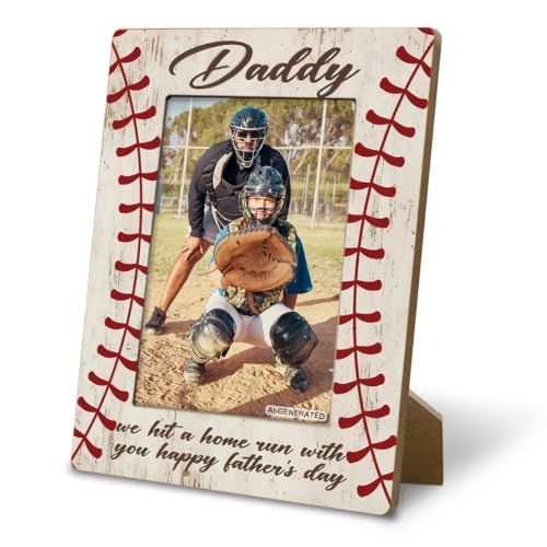 Baseball Dad Picture Frame, God Hit Home Run, Happy Daddy Gift from Kids, Home Bedroom Desk Shelf Table, Wood Sports Gifts