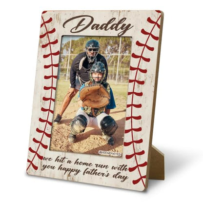 Baseball Dad Picture Frame, God Hit Home Run, Happy Daddy Gift from Kids, Home Bedroom Desk Shelf Table, Wood Sports Gifts