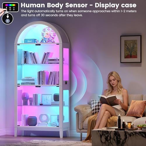 Gurexl 5-Tier Arched Glass Display Cabinet, Motion Sensor RGB LED Showcase with Music Sync Light & Adjustable Shelves, Tempered Glass Curio Cabinet for Action Figures Trophies Collectibles, White - color: White-80008a