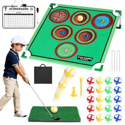 34 Pcs 3-in-1 Battle Golf Game Set with Stand & Club, Jumbo 32" x32“ Chipping Game Mat with 20 Sticky Balls, 6 Hole Covers, Indoor Outdoor Backyard Golf Game Kit, Ideal Gift for Family