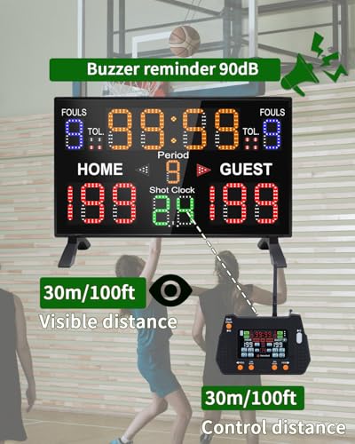 LUCKY TIME Basketball Scoreboard with Shot Clock, 12/14/24/30/25/60 Seconds, Upgraded Thickening Digital Scoreboard with Remote, Battery Powered Electronic Scoreboard for Indoor Outdoor - style: Single-Sided (Console Control)