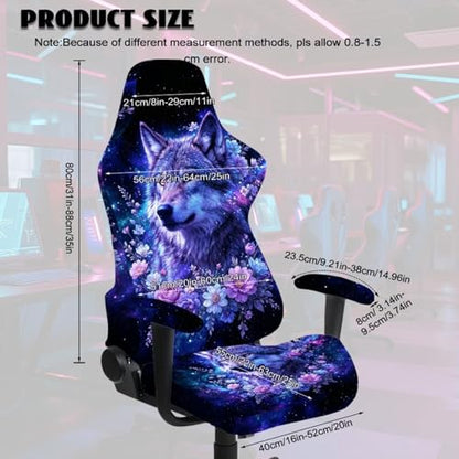 4 Piece Gaming Chair Cover with Armrest Covers Wolf Floral Printed Non-Slip Computer & Gaming Chair Slipcover Easy to Install Universal Fit Office Desk & Racing Computer Gamer Chairs - color: Black and Blue - Wolf Floral