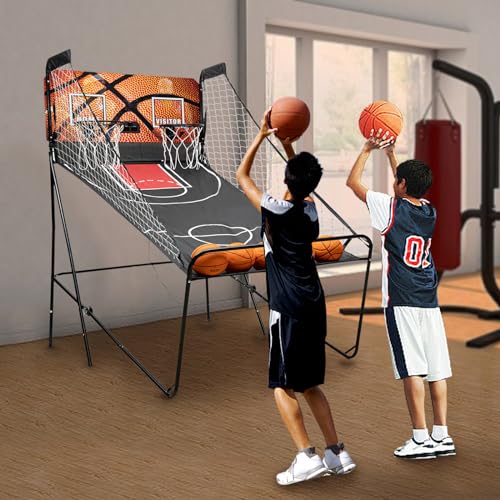 Foldable Basketball Arcade Game, 8 Game Options Double Shot 2Player w/ 5 Balls Inflation Pump and LED Scoring System Indoor Basketball Game for Kids, Adults
