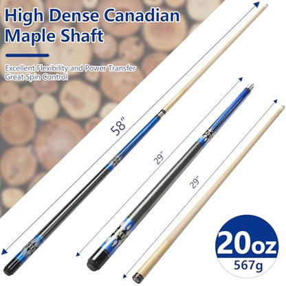 Pool Cue, 58" Pool Cue Sticks for Adults with 13MM Tips Canadian Maple Wood Leather Pattern Grip 18 19 20 21 oz, Professional Billiard Cues Players for Bar House Pool Table Sports 8/9 Ball - style: Blue 20oz