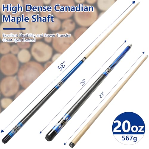 Pool Cue, 58" Pool Cue Sticks for Adults with 13MM Tips Canadian Maple Wood Leather Pattern Grip 18 19 20 21 oz, Professional Billiard Cues Players for Bar House Pool Table Sports 8/9 Ball - style: Blue 20oz