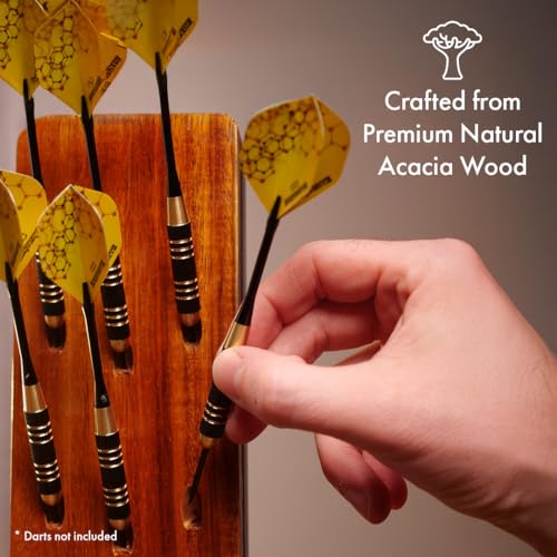 EXQUISITE Premium Craft-Handed Dark Brown Accacia Darts Holder - Wall Mounted Dart Caddy Display & Storage for 12 Soft & Steel Tip Darts, Precision Drilled, Protective Backing, Includes Mounting Kit