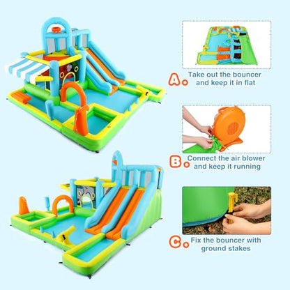 JOYLDIAS Inflatable Water Slide Bounce House for Kids, Luxury Heavy Duty Blow Up Water Park with Double Slides, Climbing Wall, Splash Pool and Sunshade Awning - Ideal Backyard Gift for Toddlers & Kids - color: 10 in 1