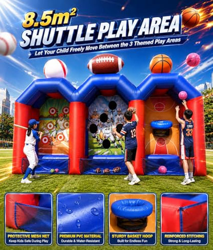 3-in-1 Inflatable Carnival Games with 3 Toss Games, Multi Inflatable Sports Games Combo for Group Team Challenge, Giant Backyard Basketball Football Baseball Throwing Target with 750W Blower