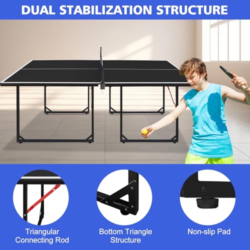 6ft Mid-Size Table Tennis Table Foldable & Portable Ping Pong Table Set for Indoor & Outdoor Games with Net 2 Paddles 3 Balls Black Tabletop