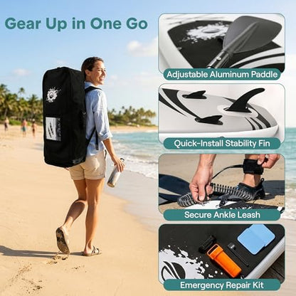 SereneLife 10’6” Inflatable Stand Up Paddle Board with Premium SUP Accessories - 32” Wide Stable Design with Non-Slip EVA Deck Pad, for Youth and Adults, 350 lbs. Capacity - color: Black/Grey