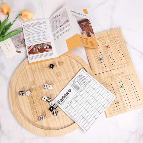 Farkle Dice Tray,Farkle Classic Dice Game with Tray,2 Sets of 6 Pearl Dice,2 Sets of 6''Wooden Scoreboard, 12 Scoring Sticks,1 Instruction Manual, 50 PCS Score Sheets,The Classic Family Game
