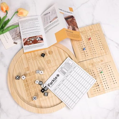 Farkle Dice Tray,Farkle Classic Dice Game with Tray,2 Sets of 6 Pearl Dice,2 Sets of 6''Wooden Scoreboard, 12 Scoring Sticks,1 Instruction Manual, 50 PCS Score Sheets,The Classic Family Game
