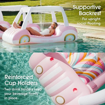 FUNBOY Giant Inflatable Luxury Golf Cart Pool Float, Two Cup Holders, Removable Fringe Shade, Float for Summer Pool Party and Entertainment - color: Barbie Golf Cart