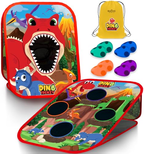 Swooc Games® - Dino Frenzy | 2-in-1 Corn Hole Games for Kids | 5-Second Setup | Dinosaur Bean Bag Toss Game for Kids | Kid Cornhole Game Set | Toddler Party Activity | Outside Bean Bags Kid Tossing