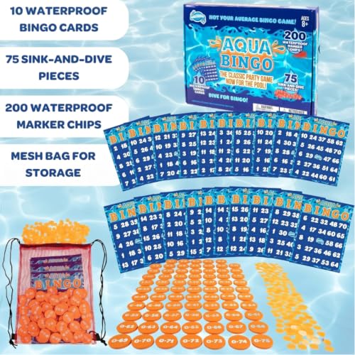 Aqua Pool Bingo Diving Game for Adults & Kids- Swim for & Call 75 Sinking Numbers, Fill Your Card To Win- Includes 200 Marker Chips, 10 Waterproof Play Cards, Summer BBQ Fun, Beach Party Activity Toy