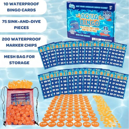 Aqua Pool Bingo Diving Game for Adults & Kids- Swim for & Call 75 Sinking Numbers, Fill Your Card To Win- Includes 200 Marker Chips, 10 Waterproof Play Cards, Summer BBQ Fun, Beach Party Activity Toy