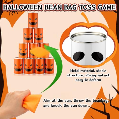 Soulchen 30 Pcs Halloween Carnival Bean Bag Toss Party Game, Knockdown Can Game Set Includes 20 Metal Cans, 8 Bean Bags and 2 Set Number Stickers for Family Gatherings, Backyard Fun & Carnival Party