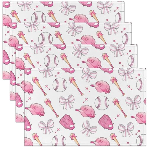 Baseball Bow Placemats Set of 4,Pink Bowknot Table Mats,Baseball Bat and Cap Placemat for Kitchen Dining Table Cute Girly Sports Dining Table Decor,18"x12" - color: Baseball Pink White