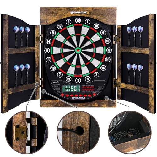 WIN.MAX Electronic Dart Board Soft Tip Dartboard Set LED Displays 3 Languges with Cabinet - style: brown