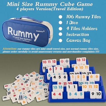 Doublefan Mini Rummy Cube Set, Mini Size Rummy Game with Portable Bag, Small Travel Game for Adult and Kids,106 Tiles, 4 Playing Rack, 1 Dice (2-4 Players) - style: Mini Size (2-4 Player)