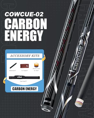 CRICAL COWCUE 58-Inch Carbon Fiber Pool Cue, Low Deflection, 12.5mm Tip | Adjustable pool cue with 3/8x8 joint for stable control, regular billiards practice and pool hall play. - color: CW-02-Set
