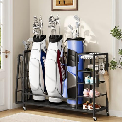 HOOBRO Golf Bag Storage Garage Organizer, Golf Bag Storage Stand Fits 3 Golf Bags and Golf Equipment Rack with Wheels, Extra Storage Rack for Garage, Club, Basement, Black BK109CJ01 - size: 55.7"L x 11.8"W x 33.5"H