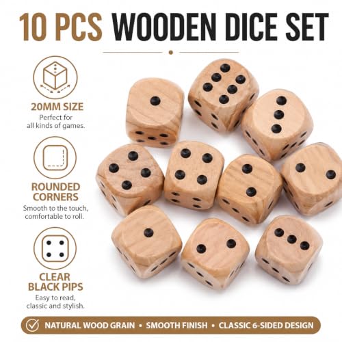 10Pcs Wooden D6 Dice Set, 20mm Round Corner, 6 Sided Gaming Dice for Adults Standard Game Dice