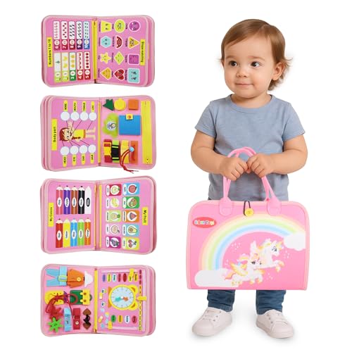 URBAN TOYS Toddler Busy Board for Kids Ages 3+, Montessori Busy Book, Sensory Learning Toy for Fine Motor Skills, Toddler Travel Essential for Airplane & Car, Gift for Boys & Girls - color: Pink