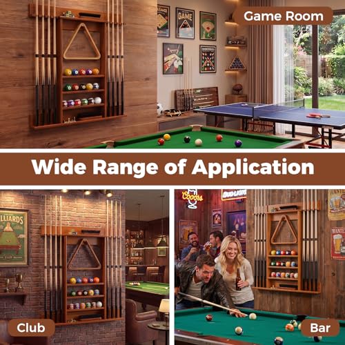 Goplus Pool Cue Rack, Wall Mounted Billiard Stick Holder, Made of Solid Pine Wood, Holds 8 Cues & Full Ball Set & 1 Ball Rack, Compact Billiards Accessories for Club, Bar (Brown)