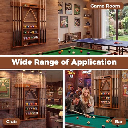 Goplus Pool Cue Rack, Wall Mounted Billiard Stick Holder, Made of Solid Pine Wood, Holds 8 Cues & Full Ball Set & 1 Ball Rack, Compact Billiards Accessories for Club, Bar (Brown)