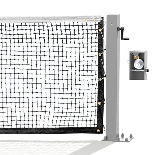 Katop Surface Mount Tennis Net Posts with Heavy Duty Double-Layer Tennis Net, 4'' Square Aluminum Alloy Posts, Unique Built-in Winder Design, ITF Compliant, Sturdy and Durable - color: Silvery Gray