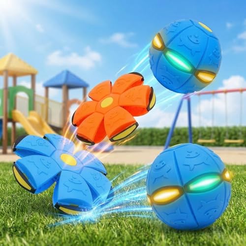 2 Pack Magic Transforming Pop-Up Ball with 6 LED Lights, 2-in-1 Flying Disc and Bouncy Ball Toy, Glow in the Dark Outdoor Game, Light Up Toss and Catch Sports Toy for Kids, Party & Birthday Favors