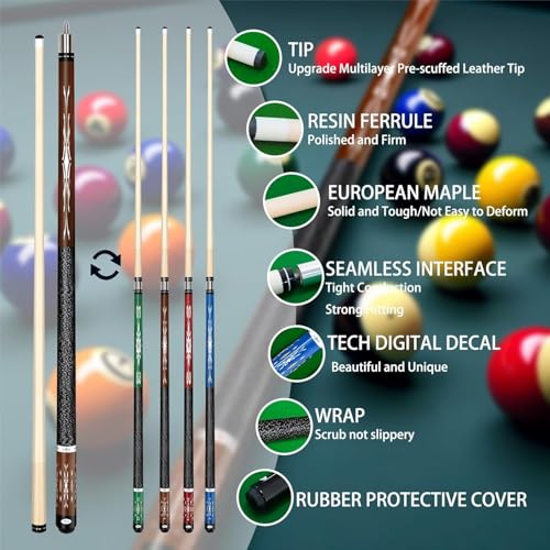 Pool Stick Set of 4, Pool Sticks for Adults, 4 Pool Cues Billiard Set, 58inch Billiard Cue with Maple Wood for Professional Billiard Players - 18oz, 19oz, 20oz, 21oz - color: B01