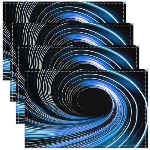 Erosebridal Blue Black Abstract Placemats - 3D Swirl Print Geometric Art Place Mat Set of 4, Stripes Circle Table Mats 12x18 Inch for Kids Boys Girls, Video Game Table Decor for Party Kitchen - color: Blue White Black