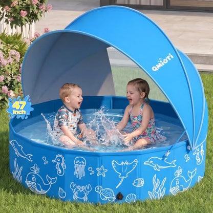 Foldable Kiddie Pool with Canopy, 47in Kids Pool with Detachable UPF 50+ Sunshade, Portable Non-Slip Swimming Pool Dog Pool for Backyard, Beach, Outdoor Summer Water Play - size: 47IN