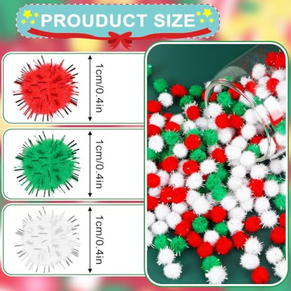 SEPGLITTER 1000 Pcs Christmas Glitter Red Green White Pom Poms for Crafts | 1cm Mini Size, Christmas Sparkle Puff Balls, DIY Crafts Making, Handmade Projects, Xmas Holiday Party Supplies Decoration - style: Glitter Red Green White Style