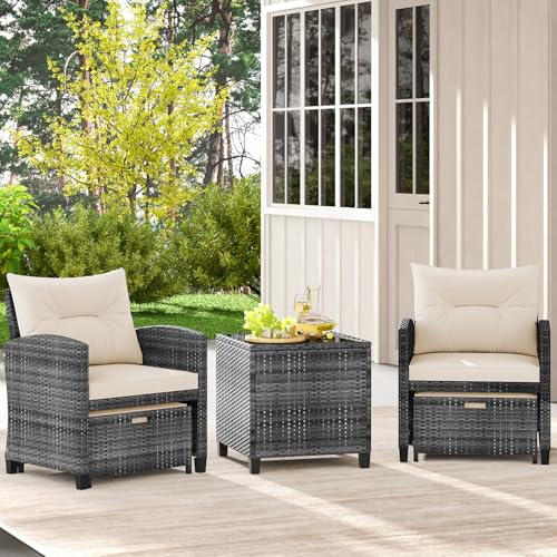 Tangkula 5 Pieces Patio Conversation Set, PE Wicker Rattan Outdoor Furniture Set with 2 Chairs, 2 Ottomans & Tempered Glass Coffee Table, Ideal for Poolside, Backyard, Lawn, Deck, Mix Grey & Off White - color: Mix Grey & Off White