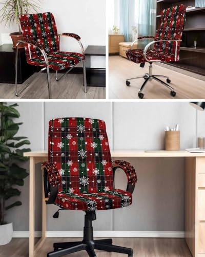 Christmas Red Green Classic Buffalo Plaid Snowflake Pattern Office Chair Cover with Armrest Covers, Universal Stretch Desk Rotating Chair Slipcovers, Removable Seat Protector with Zipper, M - color: Dark Red, size: Medium & 2PCS Armrest Covers